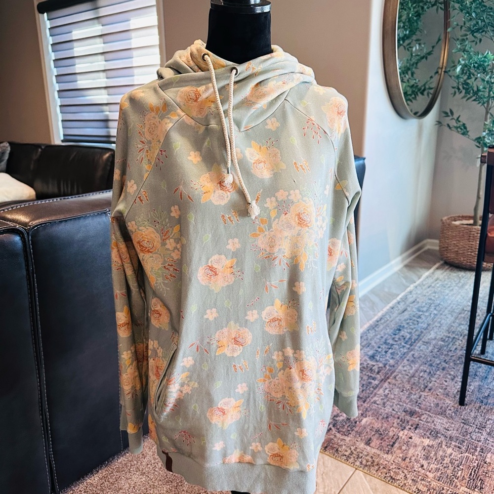 AMPERSAND AVE Floral Hoodie in Soft Green and Peach